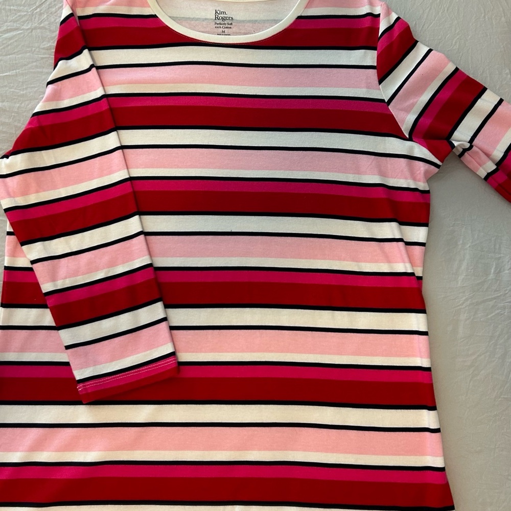 Kim Rogers Red & PinkStriped Three-Quarter Sleeve Tee - NWOT - Medium